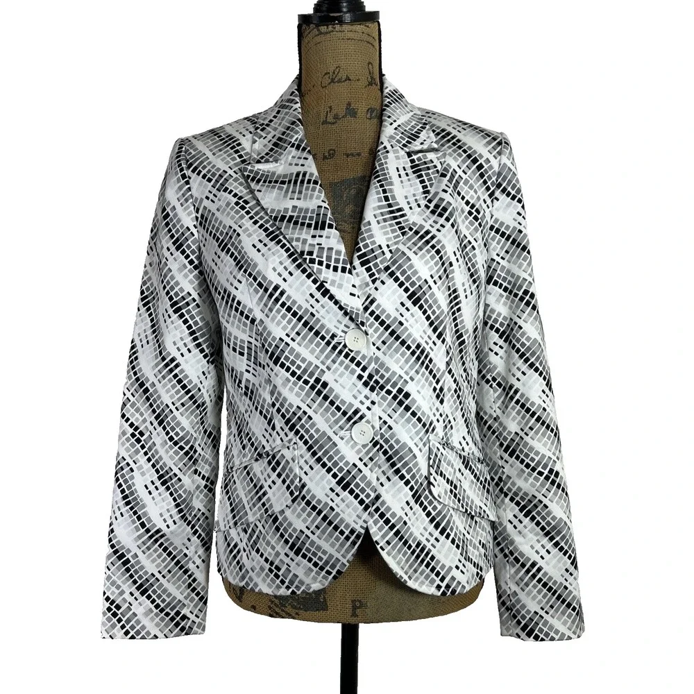 Amanda Smith Blazer 8 White Black Gray Geometric Square Jacket Lined Business